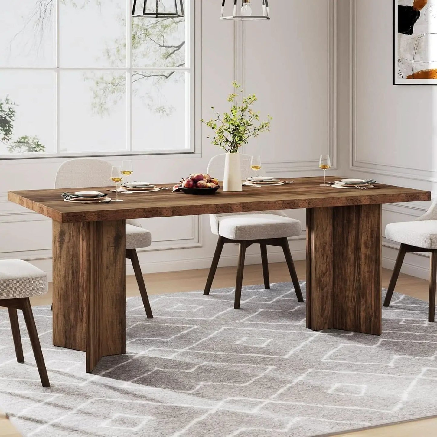 63 Inch Dark Brown Farmhouse Dining Table With Large Tabletop For 4 To 6 People from PriceLows™
