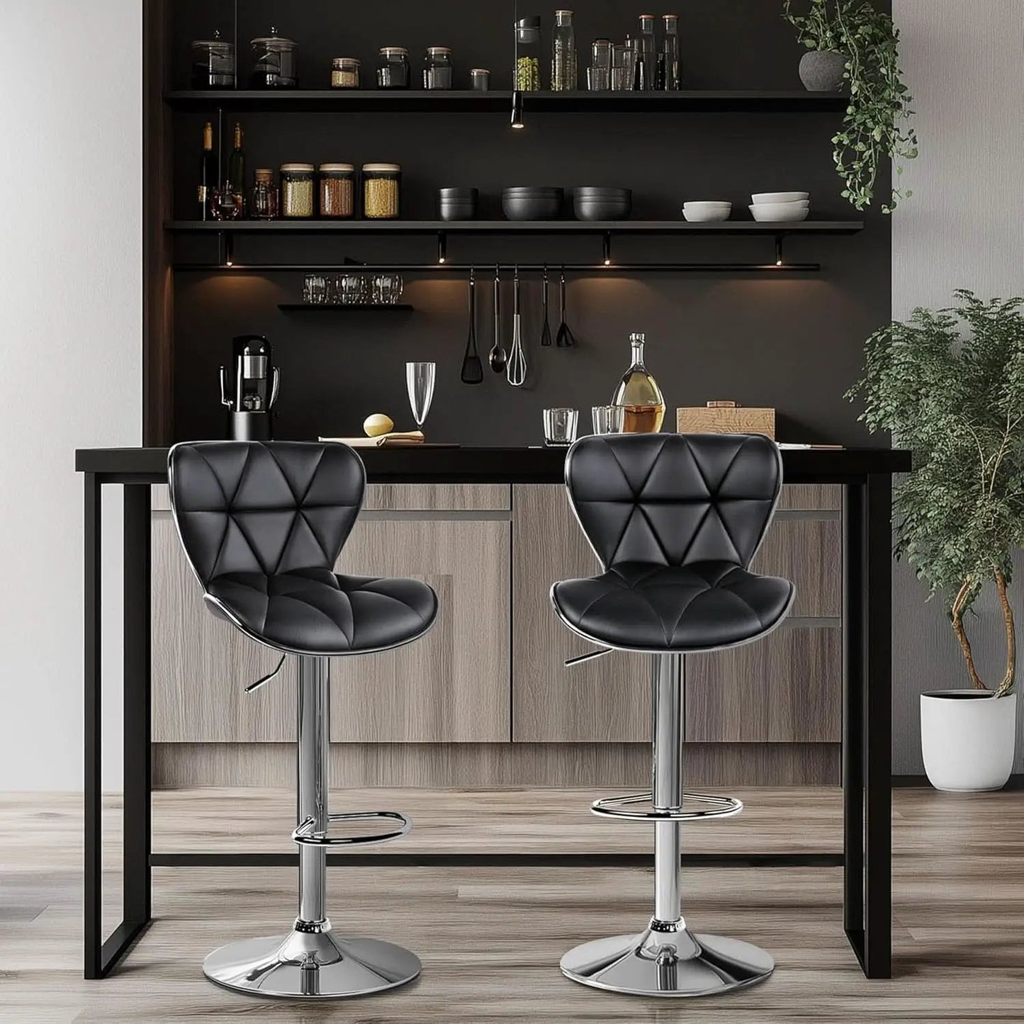Adjustable Bar Stools Set Of 2 In Black PU Leather from PriceLows™