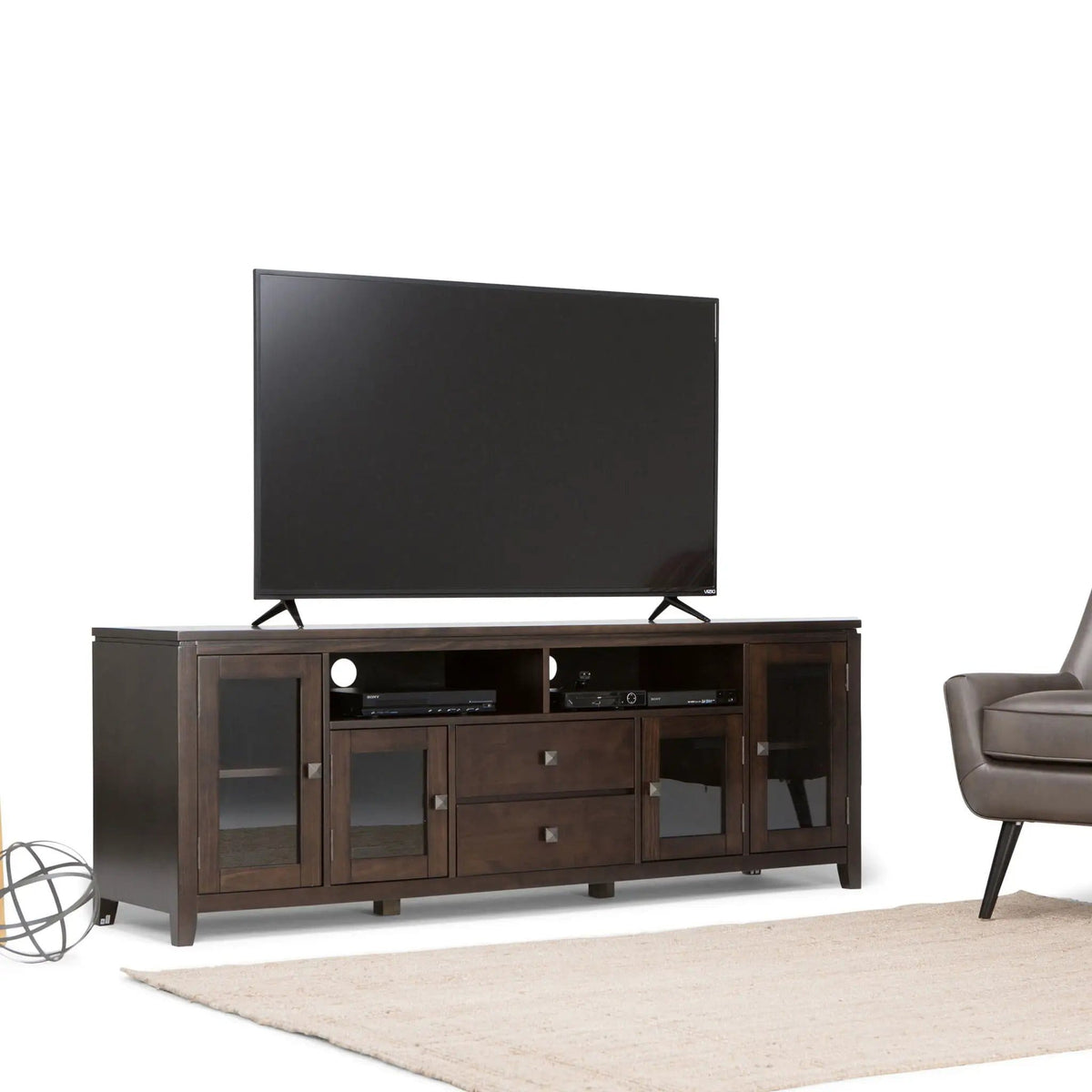 Cosmopolitan Wide TV Media Stand | 72 x 17.5 x 26 in | Solid Wood & Tempered Glass | Mahogany Brown