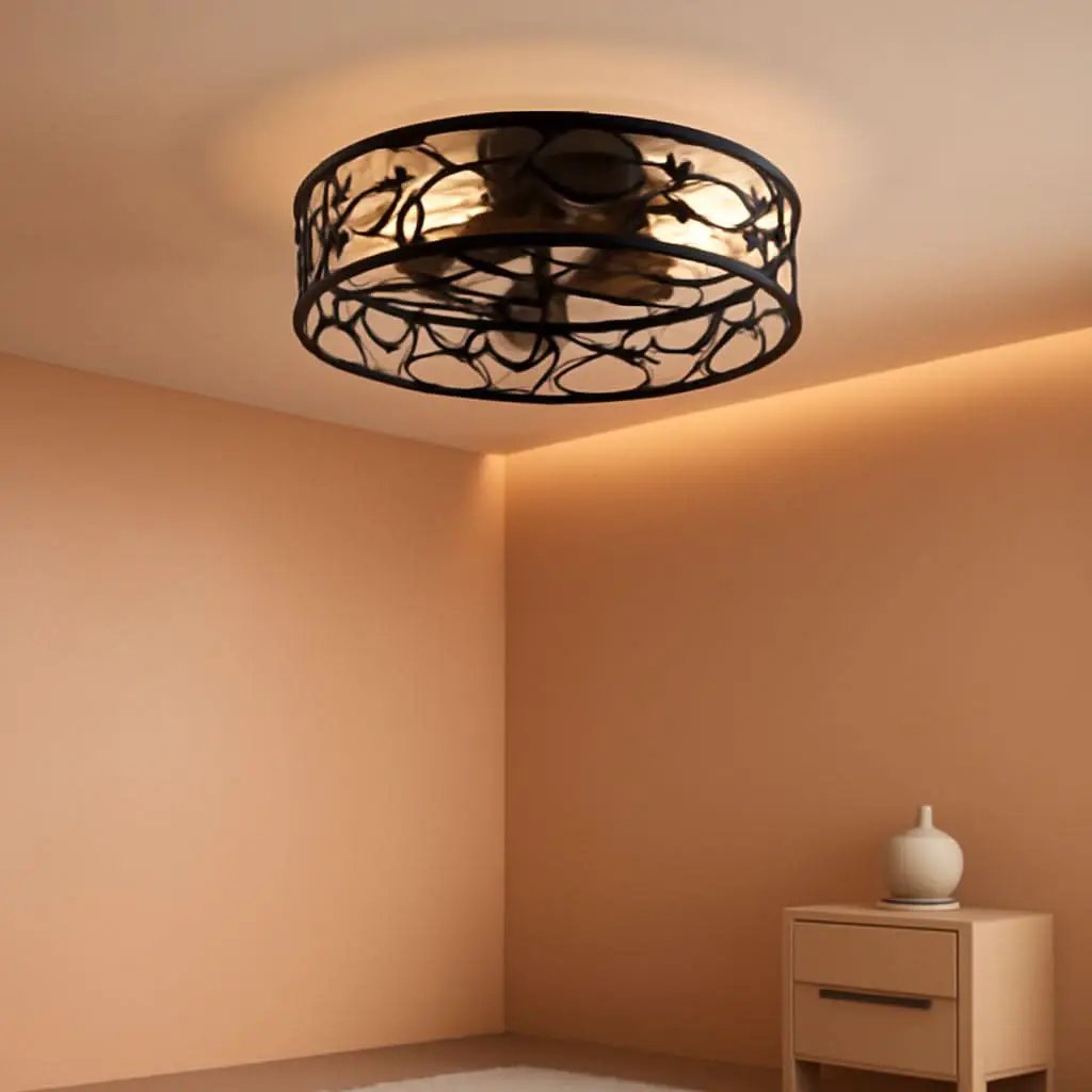 Black Caged Ceiling Fan With Lights Low Profile Flush Mount Remote from PriceLows™