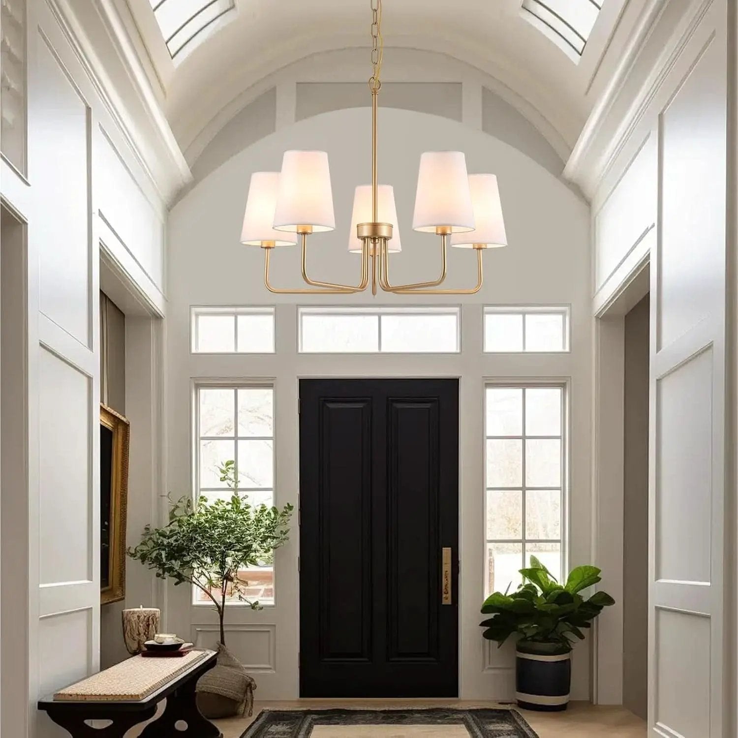 Five Light Gilded Farmhouse Chandelier With White Shades from PriceLows™