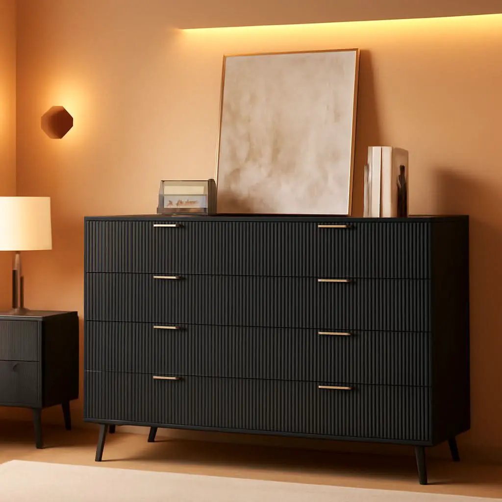 Fluted Nine Drawer Dresser 55 Inch Matte Black With Gold Handles from PriceLows™