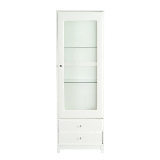 Modern Upholstered Glass Display Cabinet With Adjustable LED Light - | 23.5 x 15.75 x 71 in | Tempered Glass & Mdf | White
