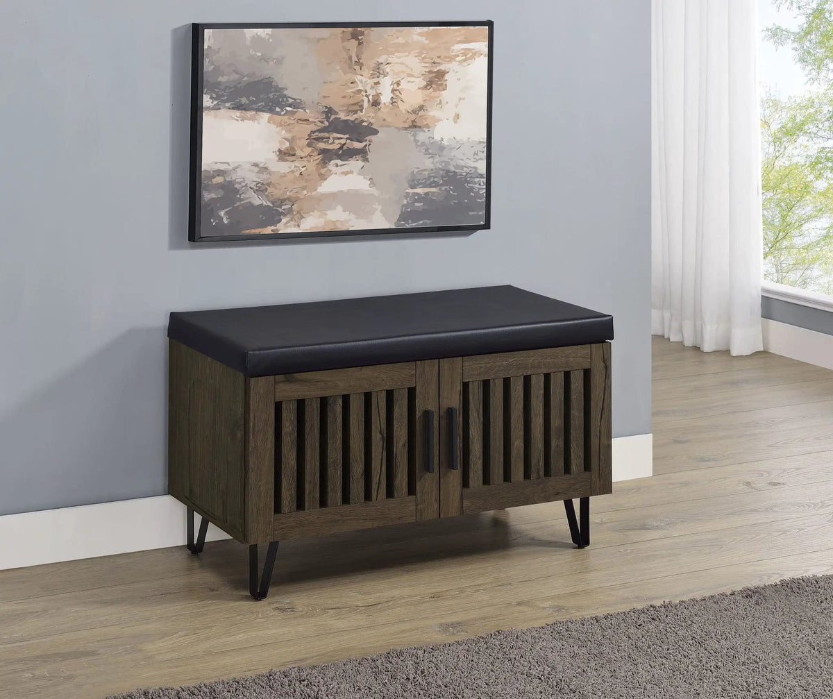 Brixton 2-door Padded Entryway Shoe Storage Bench Smoked Shoe Cabinet | 31.5 x 15 x 19 in | Faux Leather & Metal | Oak