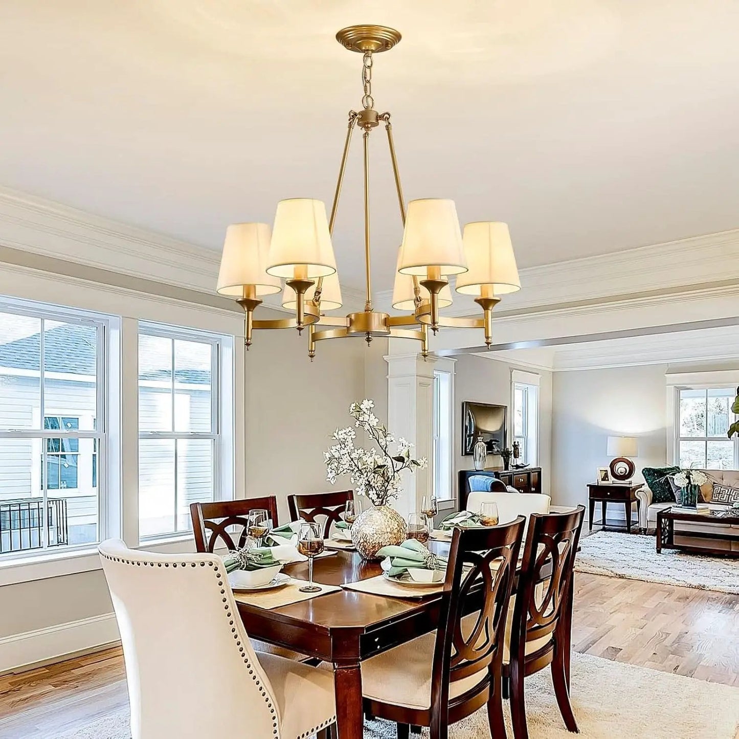 Gold Wagon Wheel Chandelier With White Linen Shade 6 Light from PriceLows™