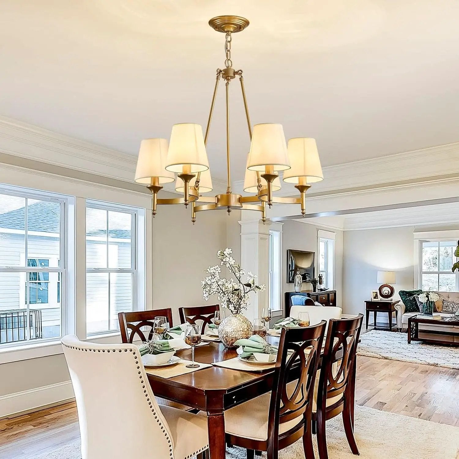 Gold Wagon Wheel Chandelier With White Linen Shade 6 Light from PriceLows™