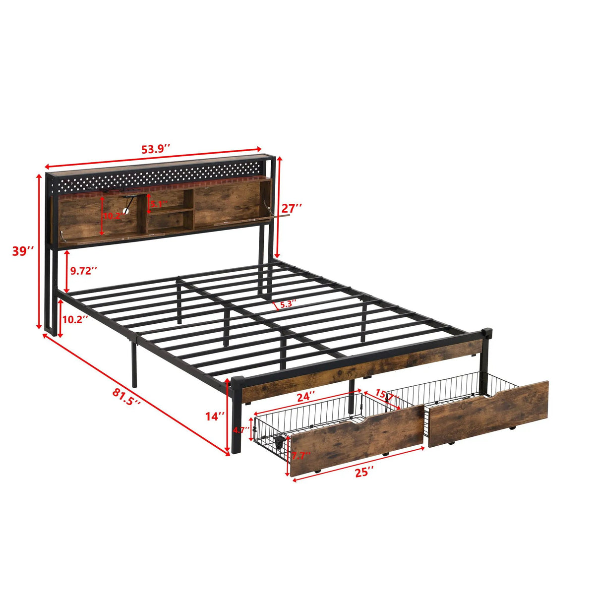Metal Platform Bed Frame | Wooden Headboard | USB LED Storage