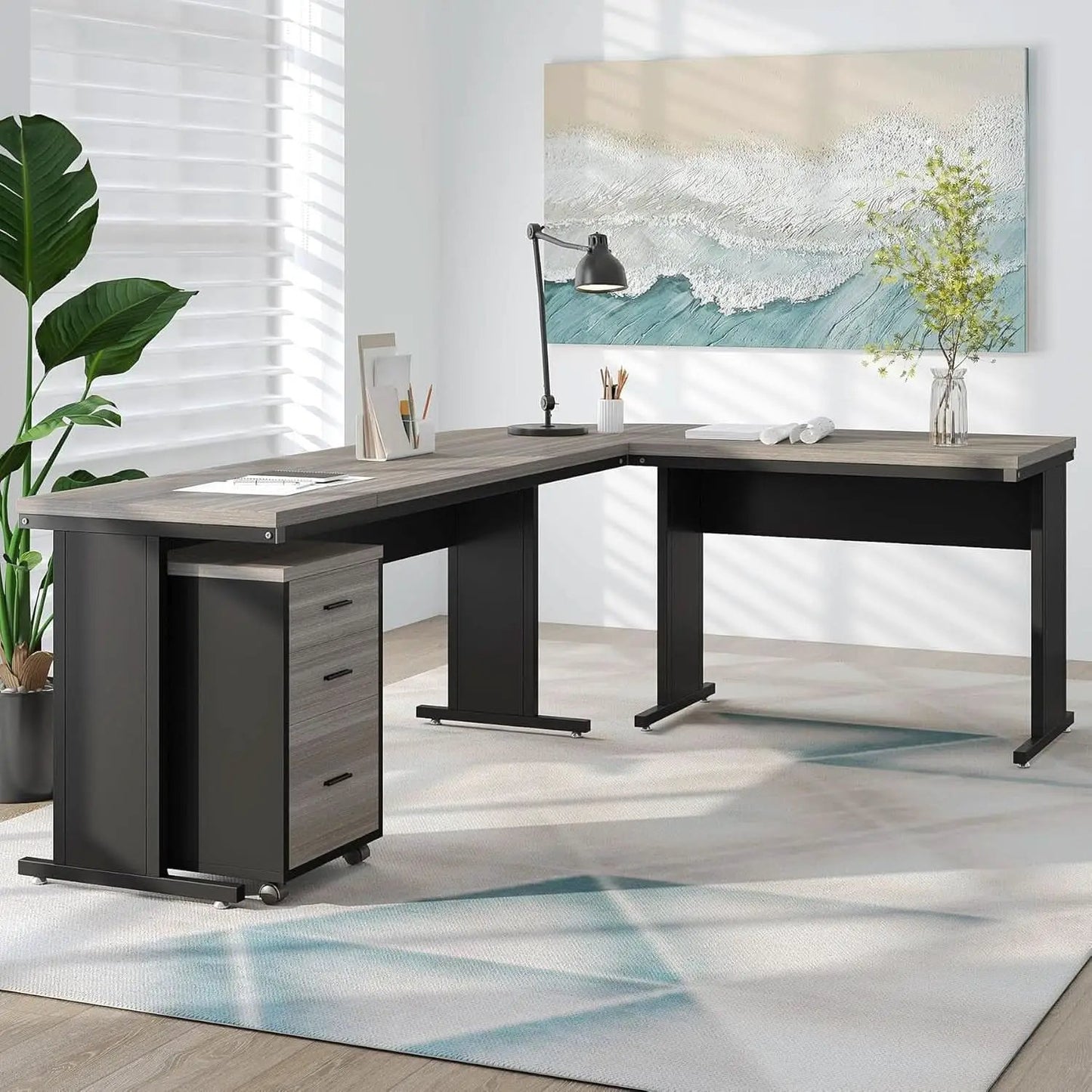 83 Inch L Shaped Office Desk Gray Executive Desk Large from PriceLows™
