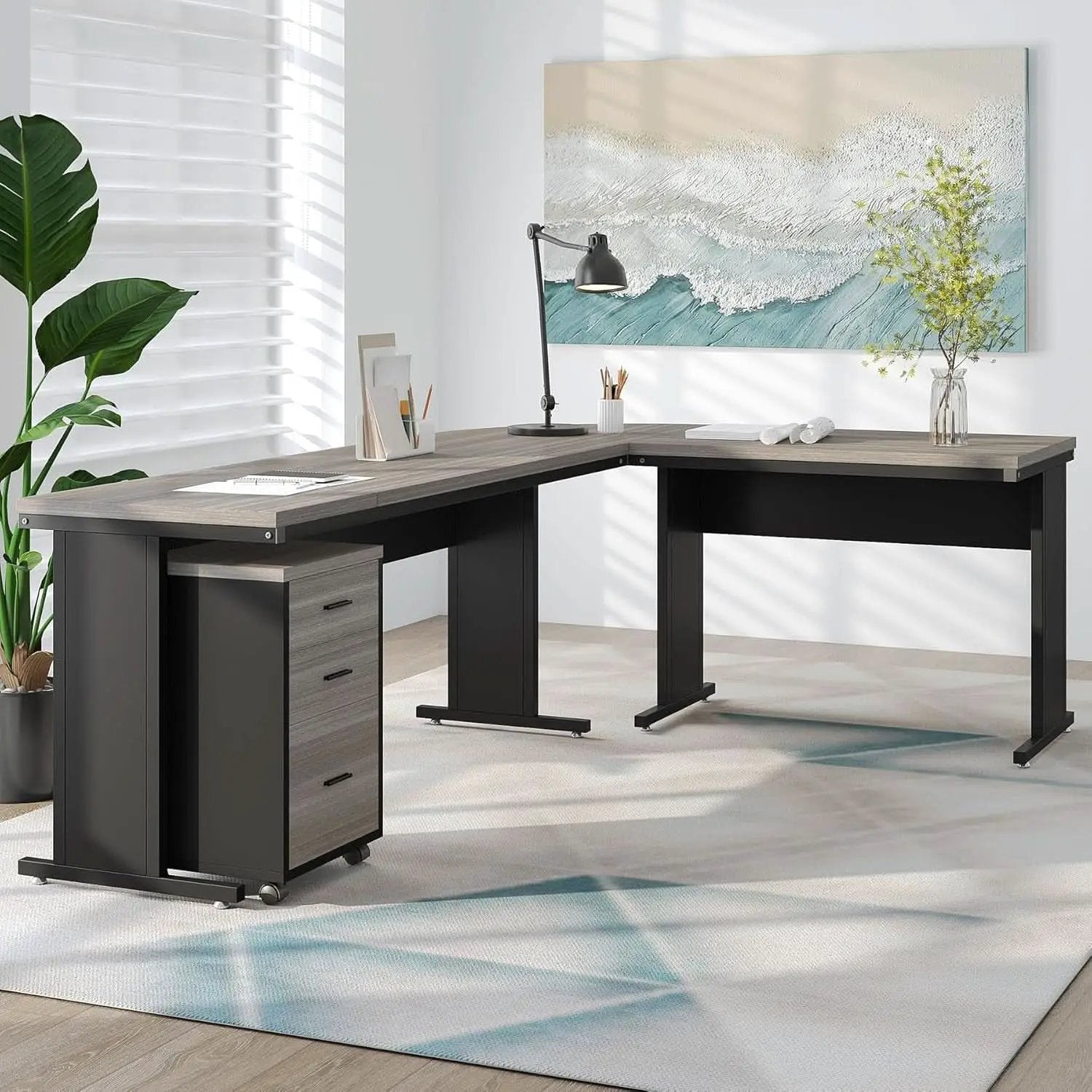 83 Inch L Shaped Office Desk Gray Executive Desk Large from PriceLows™