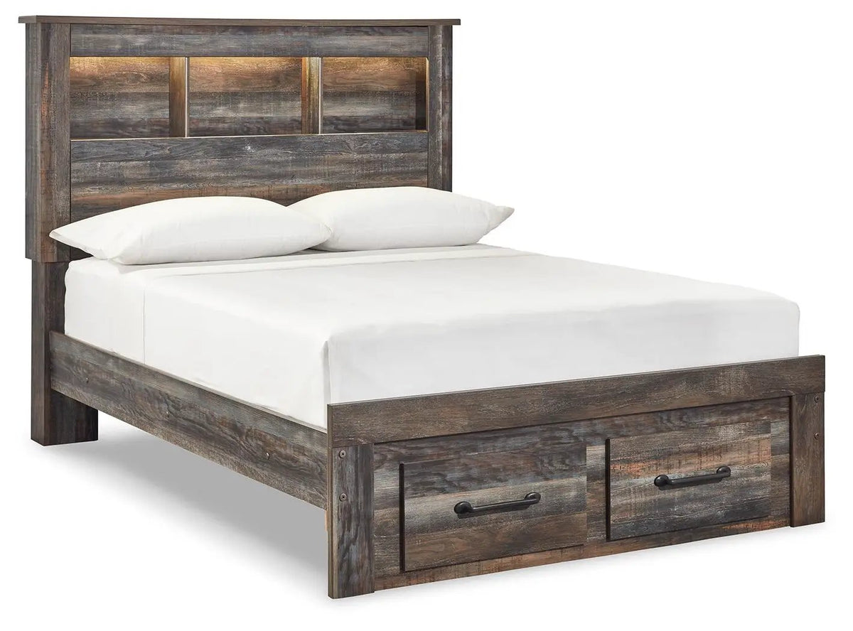 Drystan Panel Bookcase Bed | Storage Headboard | Rustic Industrial Style | 85 Inch Length