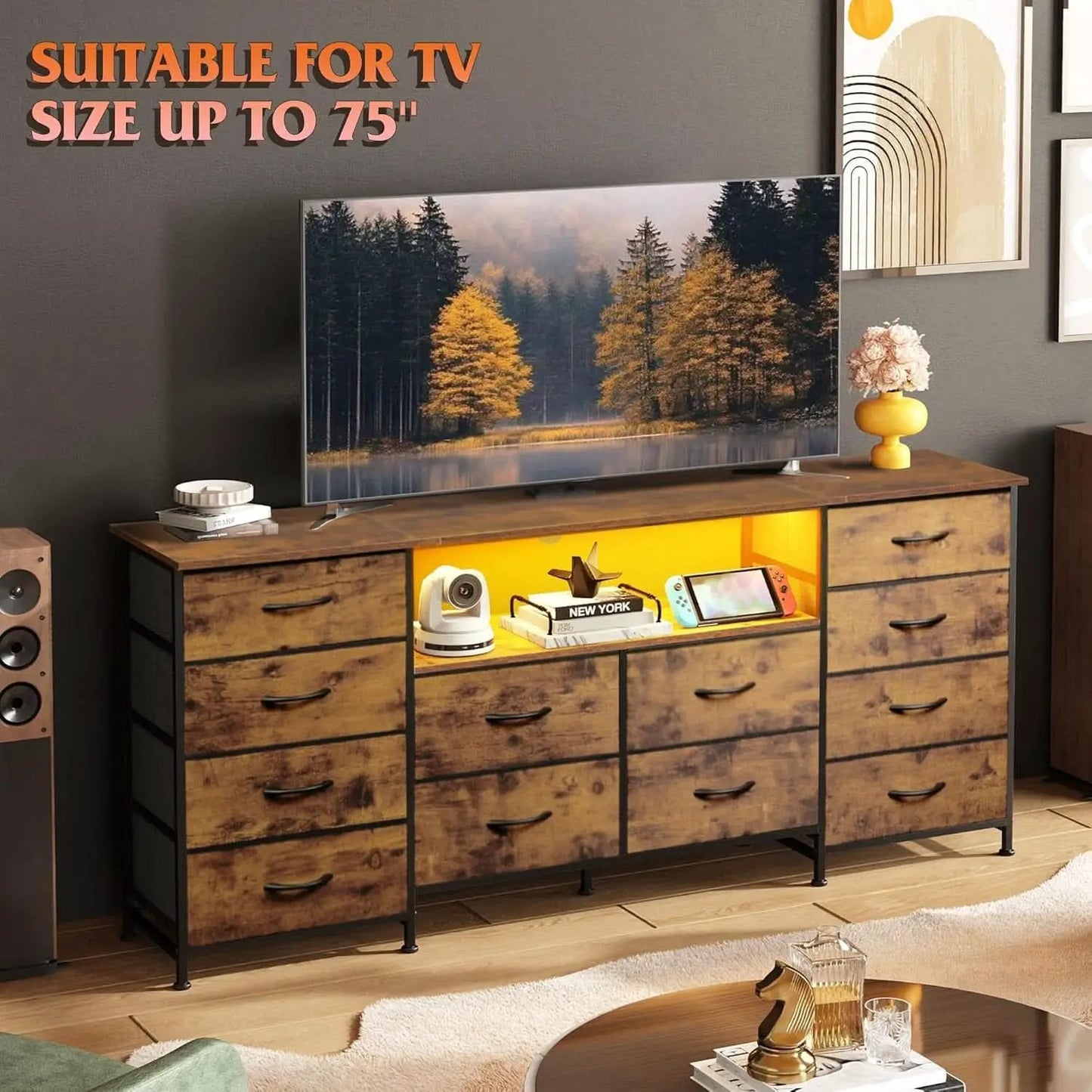 Twelve Drawer Dresser LED TV Stand Rustic Brown Finish from PriceLows™