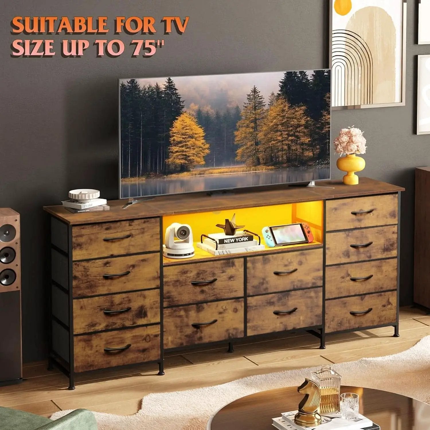 Twelve Drawer Dresser LED TV Stand Rustic Brown Finish from PriceLows™