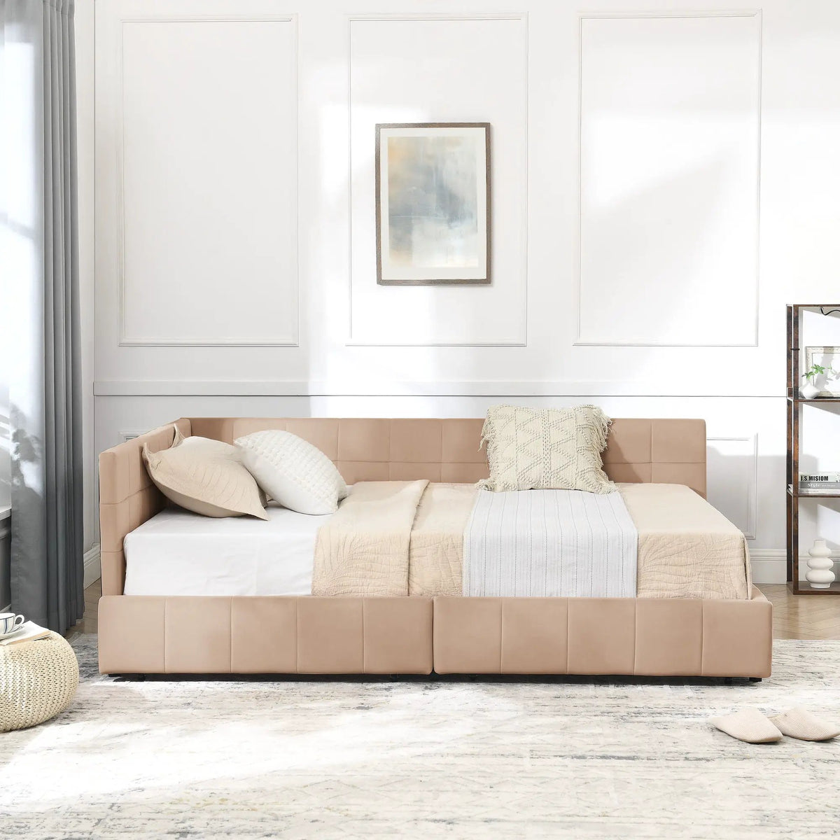 Mid-Century Storage Bed Frame | Upholstered Tufted Design | Backrest And Armrests | Bed Or Sofa Use