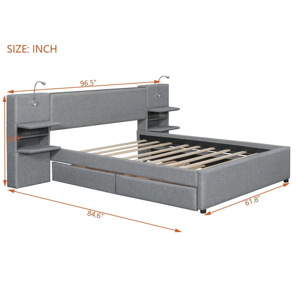 Upholstered Platform Bed | Reading Lights | Drawers And Trundle | Storage Shelves