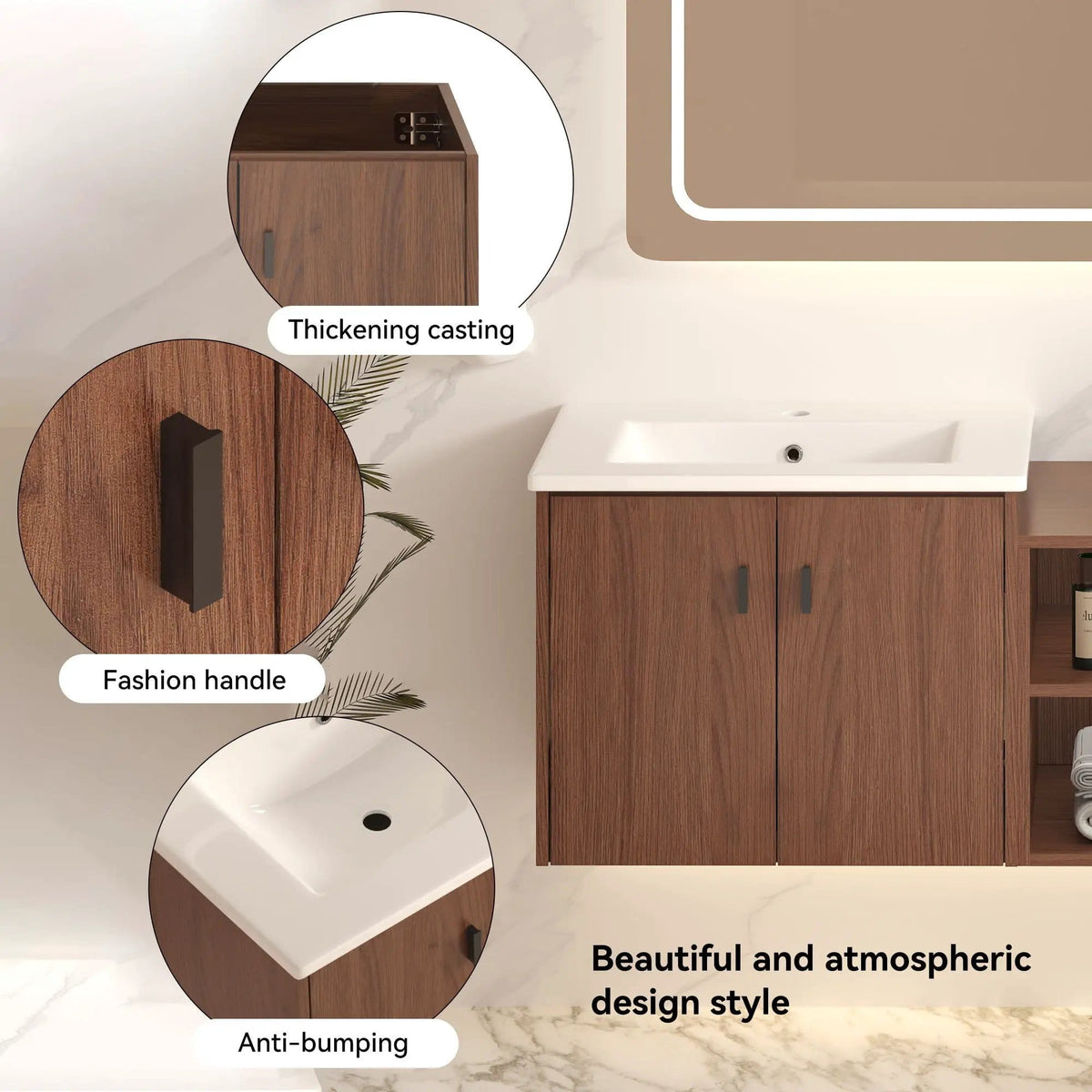 Soft Close Doors Bathroom Vanity With Small Storage Shelves, 24" And 12" Combination | 24 Inch | Mdf & Resin | Brown
