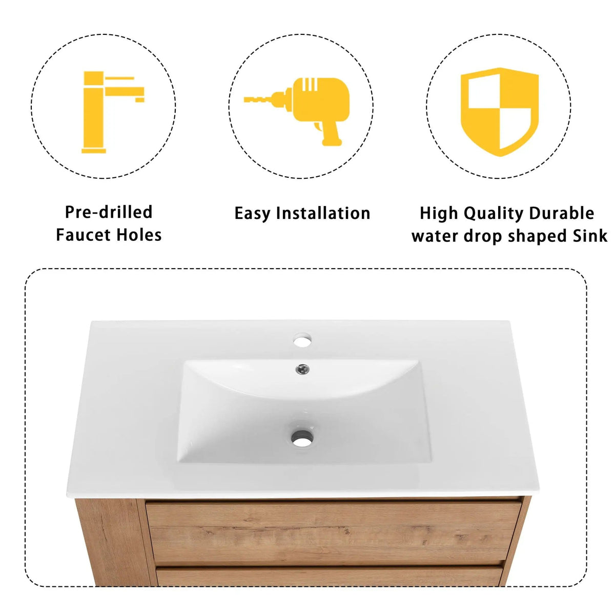 Modern Wall Mounted Bathroom Vanity With Ceramic Sink And Storage Rack, 2 Soft Close | 2 Pieces | Ceramic & Plywood | Bathroom