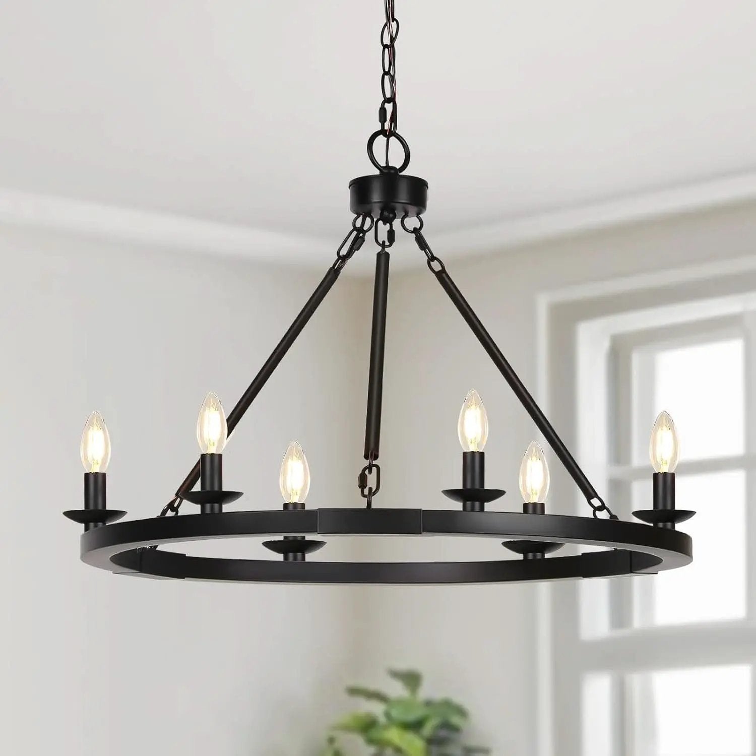 Black Farmhouse Wagon Wheel Chandelier Six Light Fixture from PriceLows™