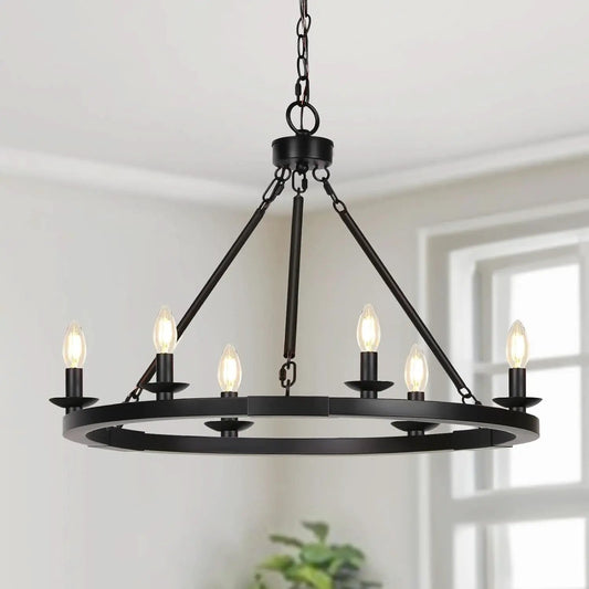 Black Farmhouse Wagon Wheel Chandelier Six Light Fixture from PriceLows™