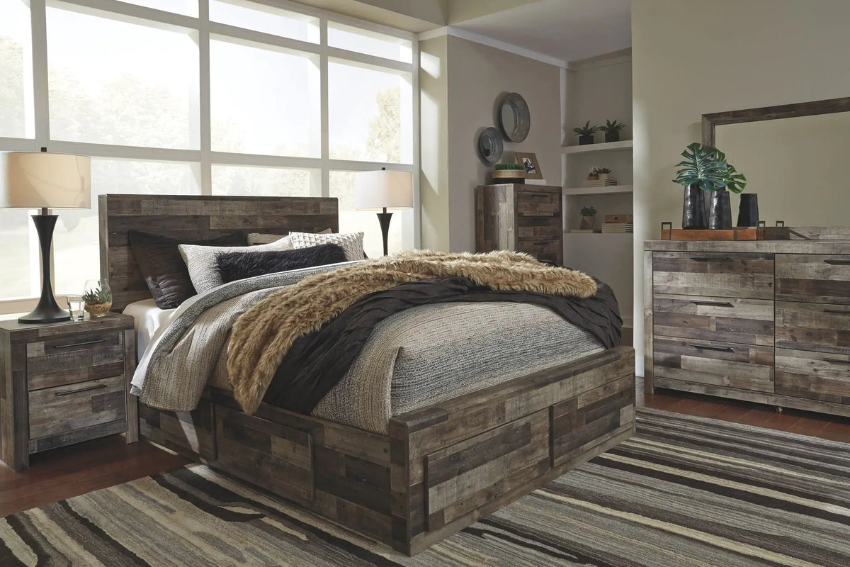 Derekson Panel Bedroom Set | 4-Piece | Rustic Butcher Block Finish | Replicated Pine Grain