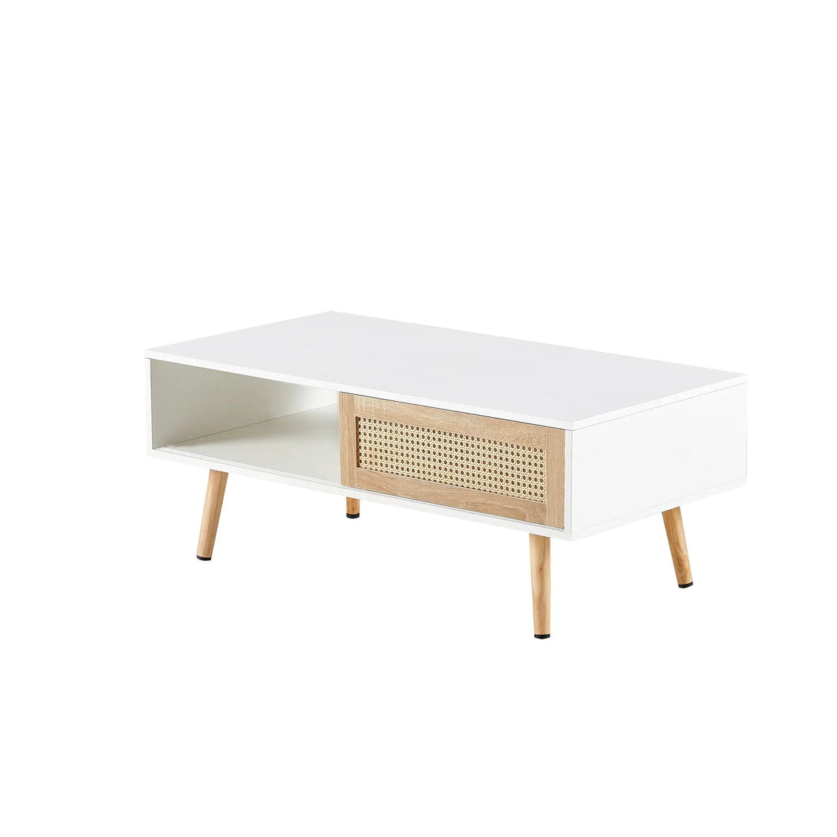 Rattan Coffee Table | 41.34 Inch Width | Sliding Storage Door | Solid Wood Legs