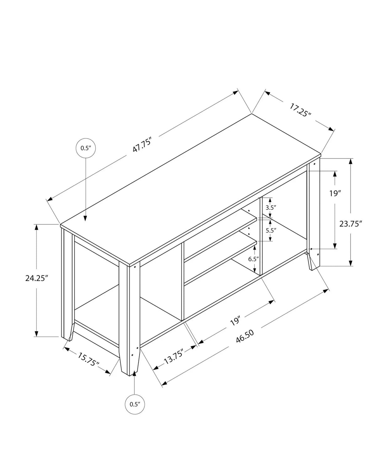 Compact TV Stand | Media Console | Two Adjustable Center Shelves | 47.75 Inch Length