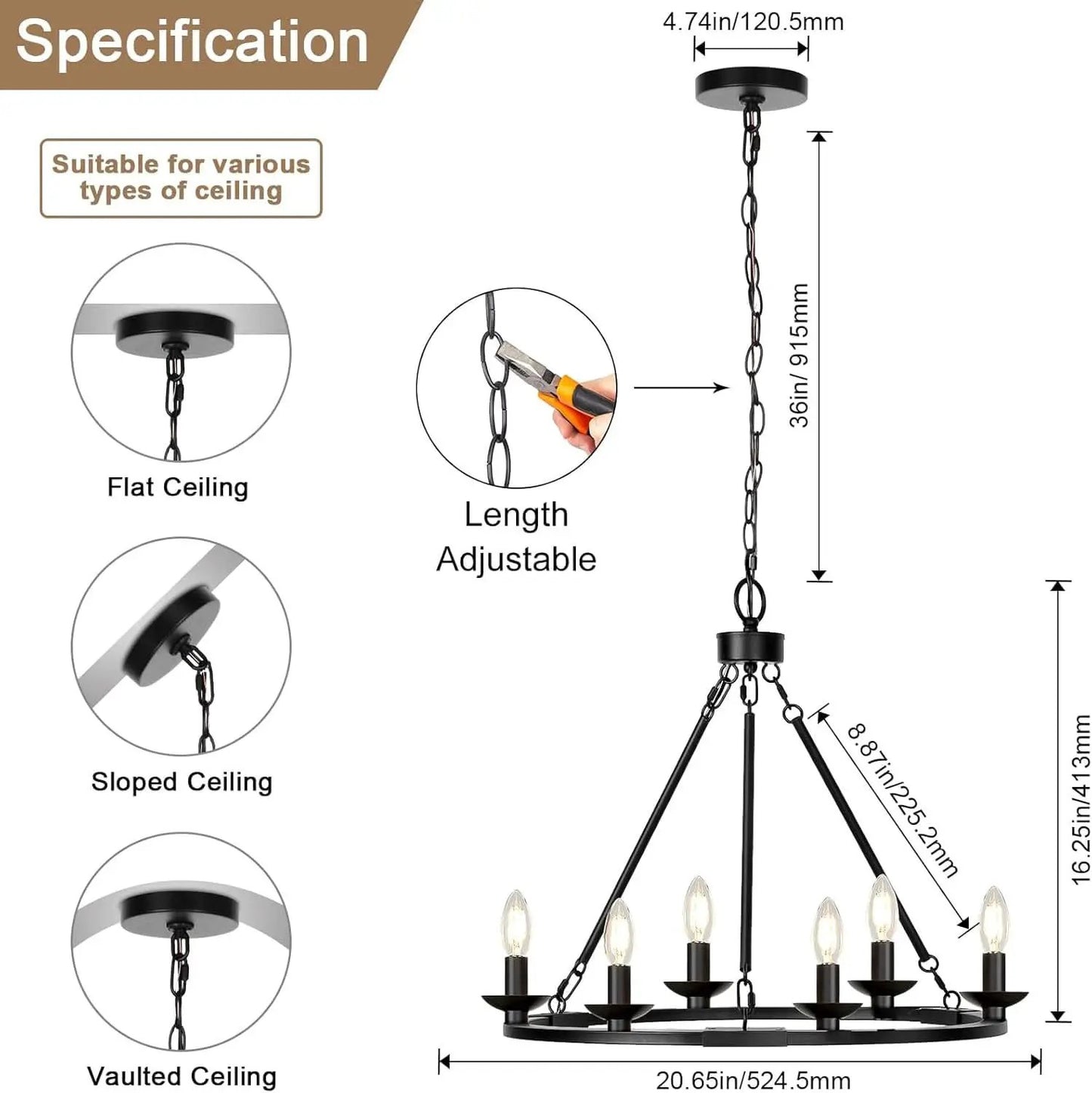 Black Farmhouse Wagon Wheel Chandelier Six Light Fixture from PriceLows™