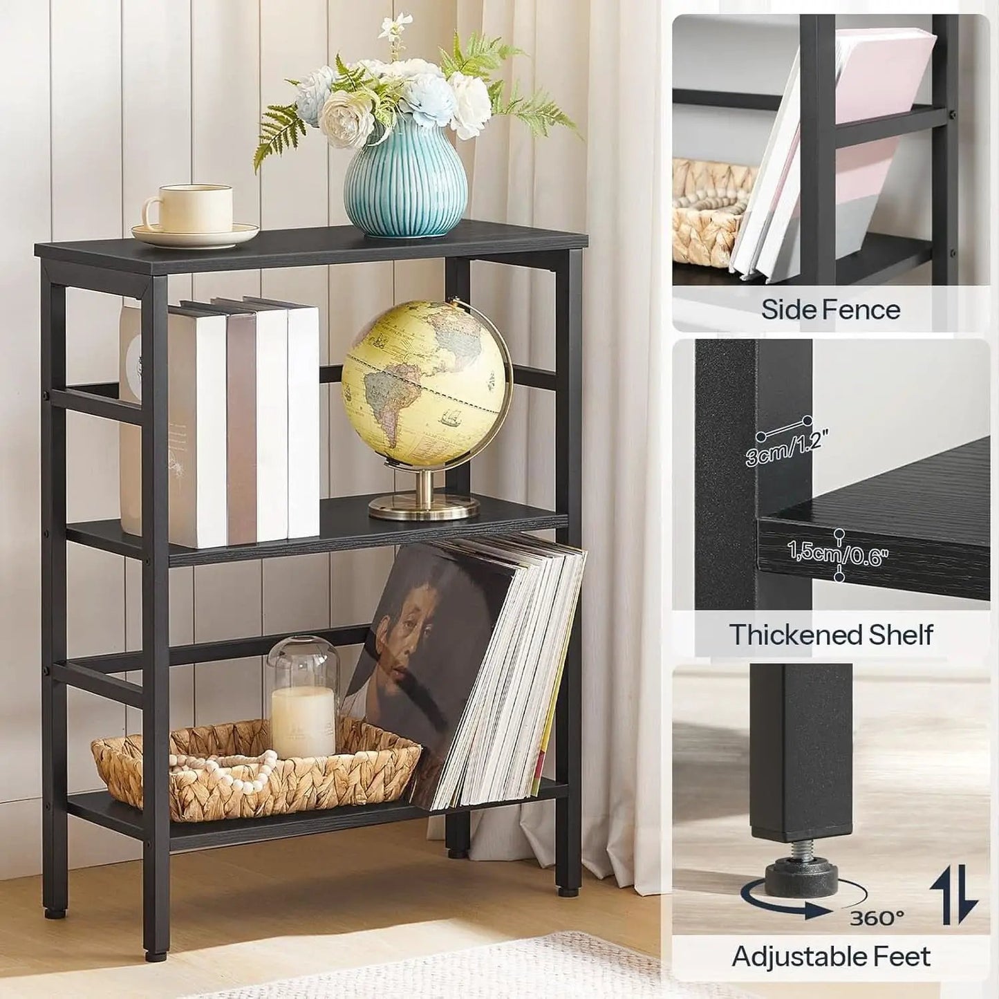 Three Tier Bookshelf Industrial Bookcase And Record Storage Rack With Side Fence Black Metal Frame Rustic Wood from PriceLows™