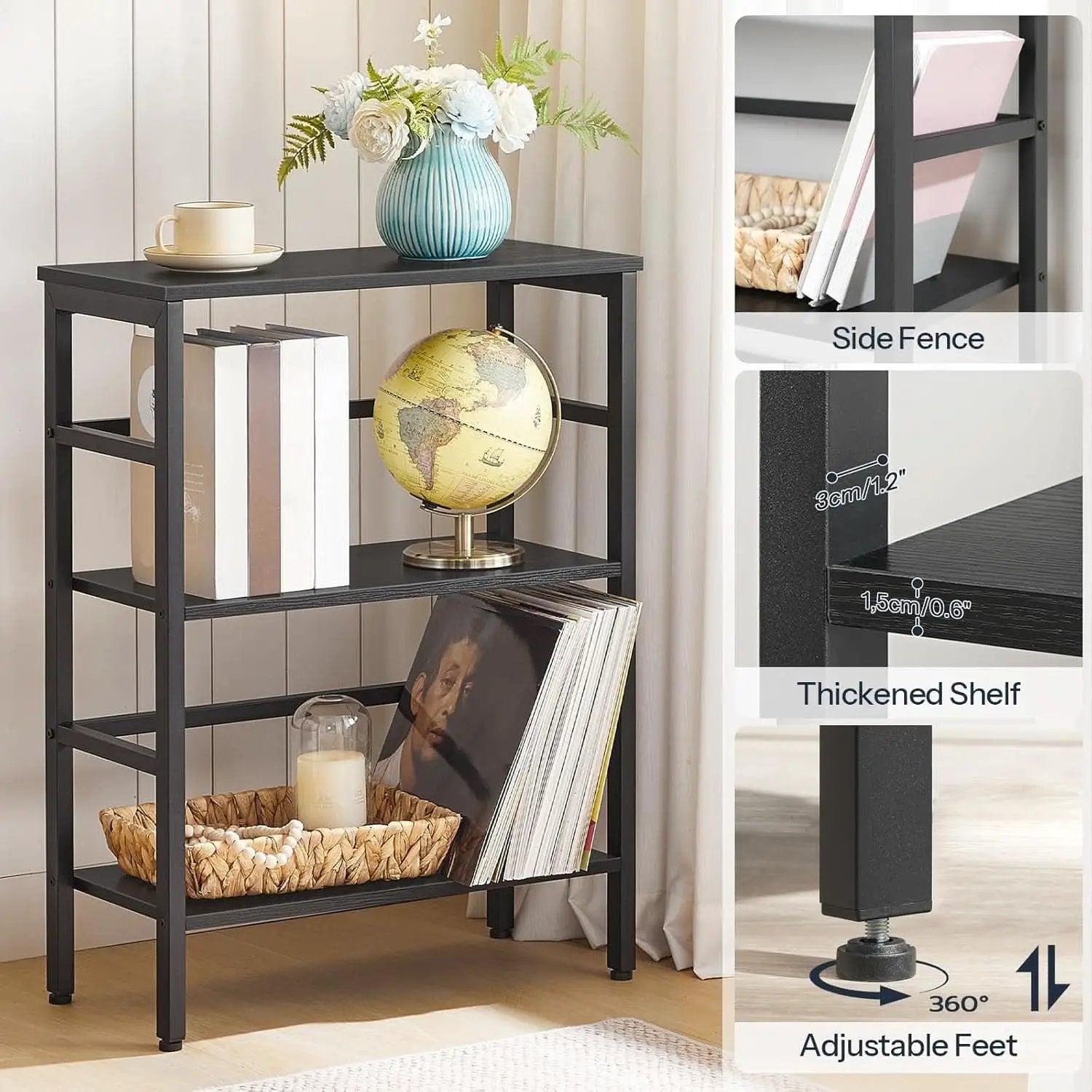 Three Tier Bookshelf Industrial Bookcase And Record Storage Rack With Side Fence Black Metal Frame Rustic Wood from PriceLows™