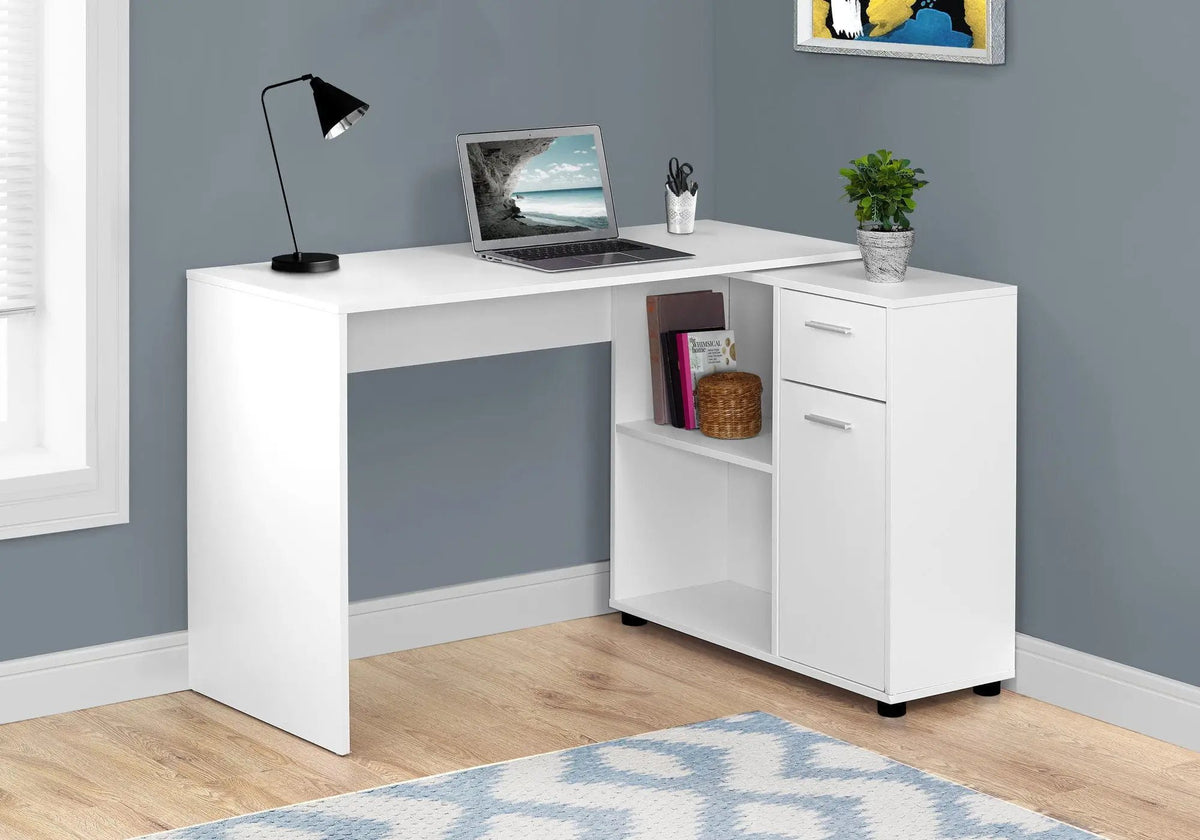 L-Shaped Industrial Desk | 46 Inch Width | Wood-Look Finish | Open And Closed Storage