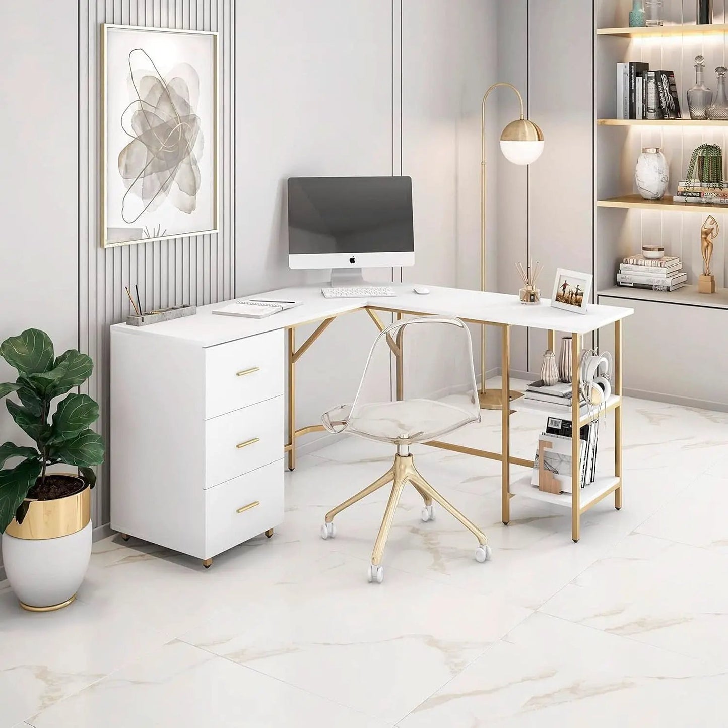 L Shaped Corner Desk Two Tone With Drawers And Shelves For Home Office from PriceLows™