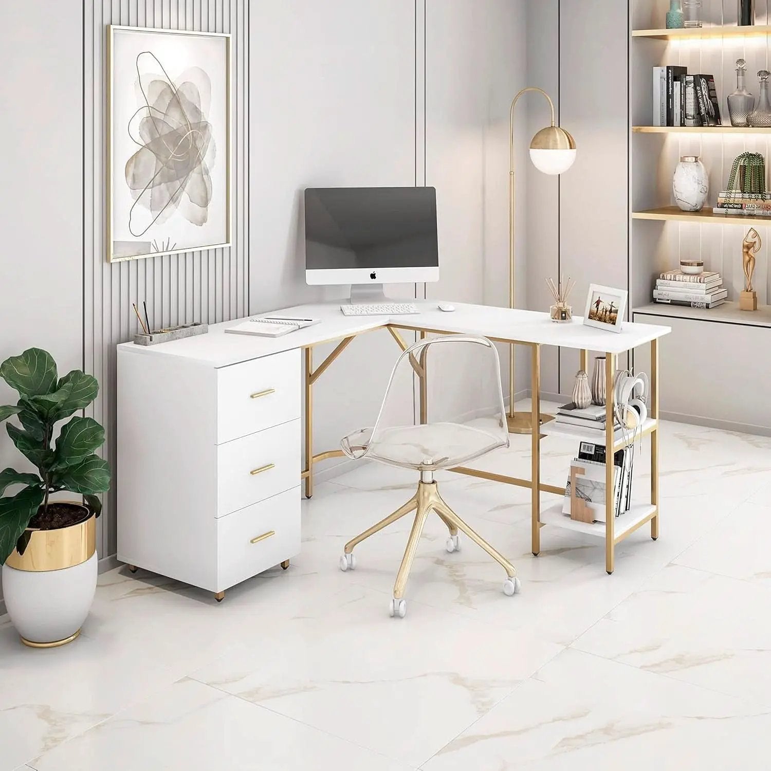 L Shaped Corner Desk Two Tone With Drawers And Shelves For Home Office from PriceLows™