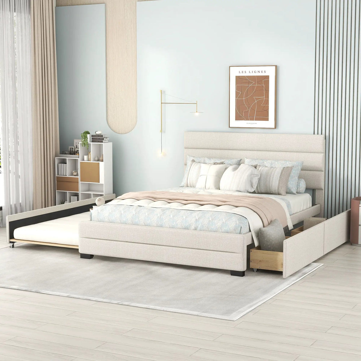 Queen Platform Bed | Twin Trundle | 2 Storage Drawers | Beige