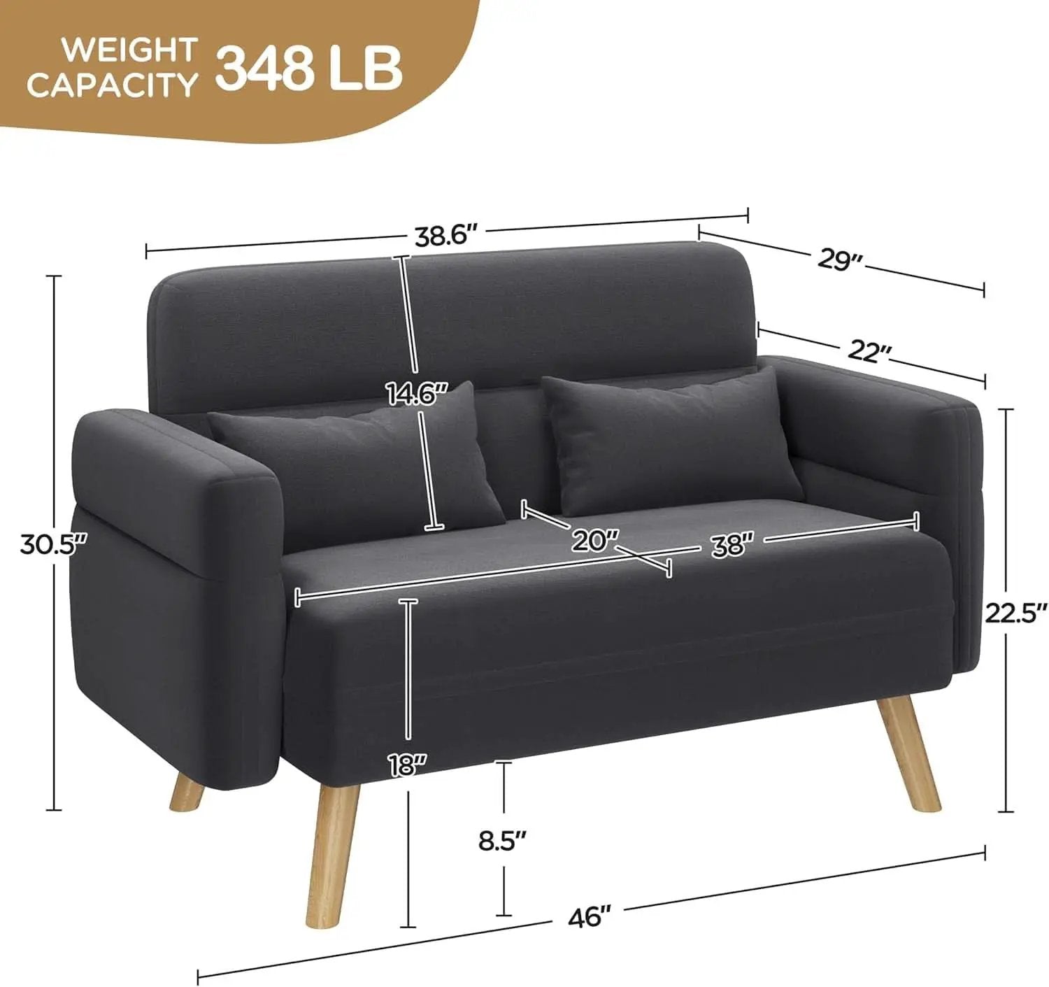 46-Inch Small Modern Fabric Loveseat Dark Gray Solid Wood Legs from PriceLows™