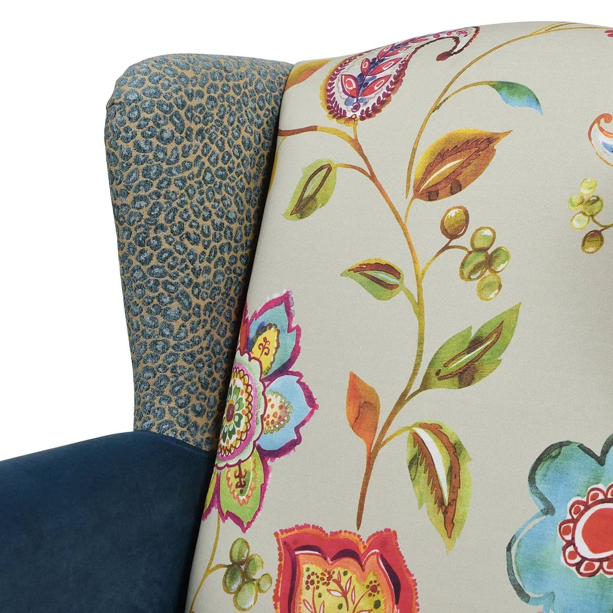 Anya Boho Chic Wingback Accent Arm Chair | 34 x 36 x 38.5 in | Velvet & Fabric | Floral / Leopard / Blue Teal / Yellow Gold