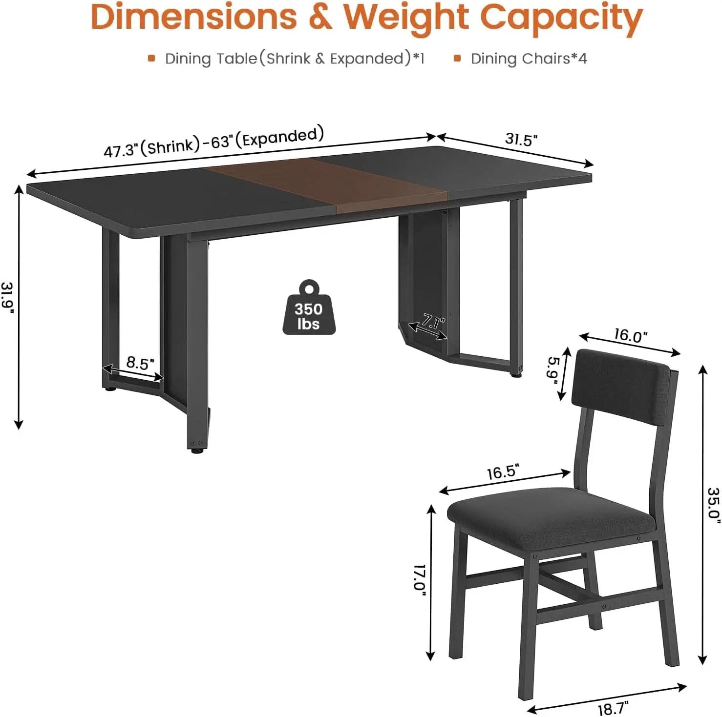 63 Inch Extendable MDF Board Dining Table Set Black Finish from PriceLows™