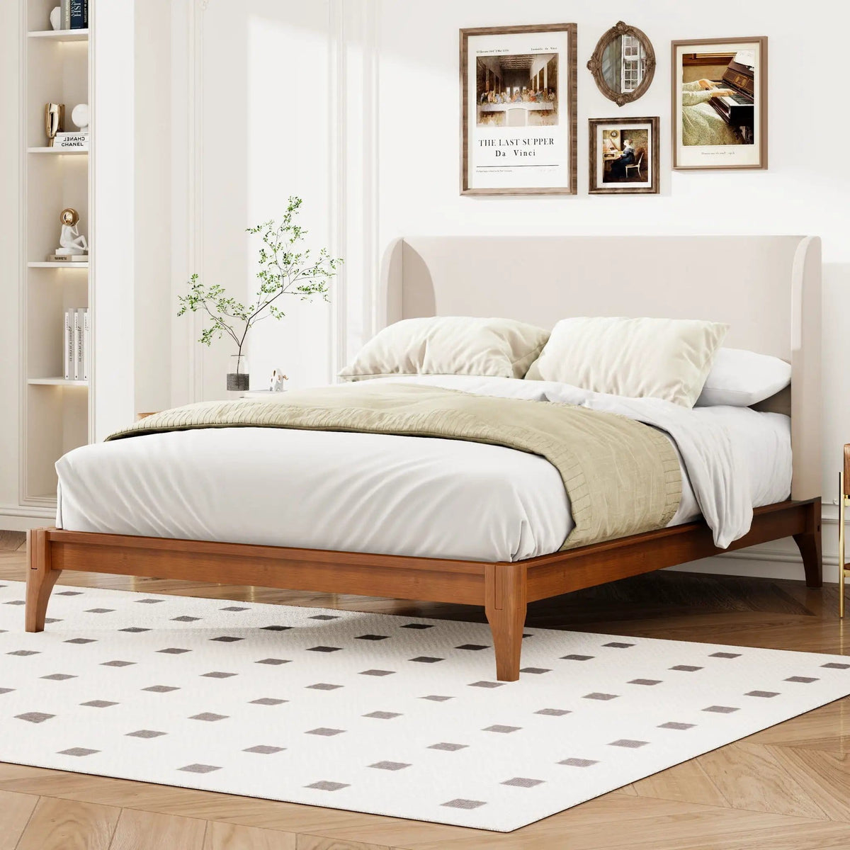 King Size Platform Bed With Upholstered High Headboard - | 83.9 x 78.9 x 48 in | Bamboo & Plywood | Brown
