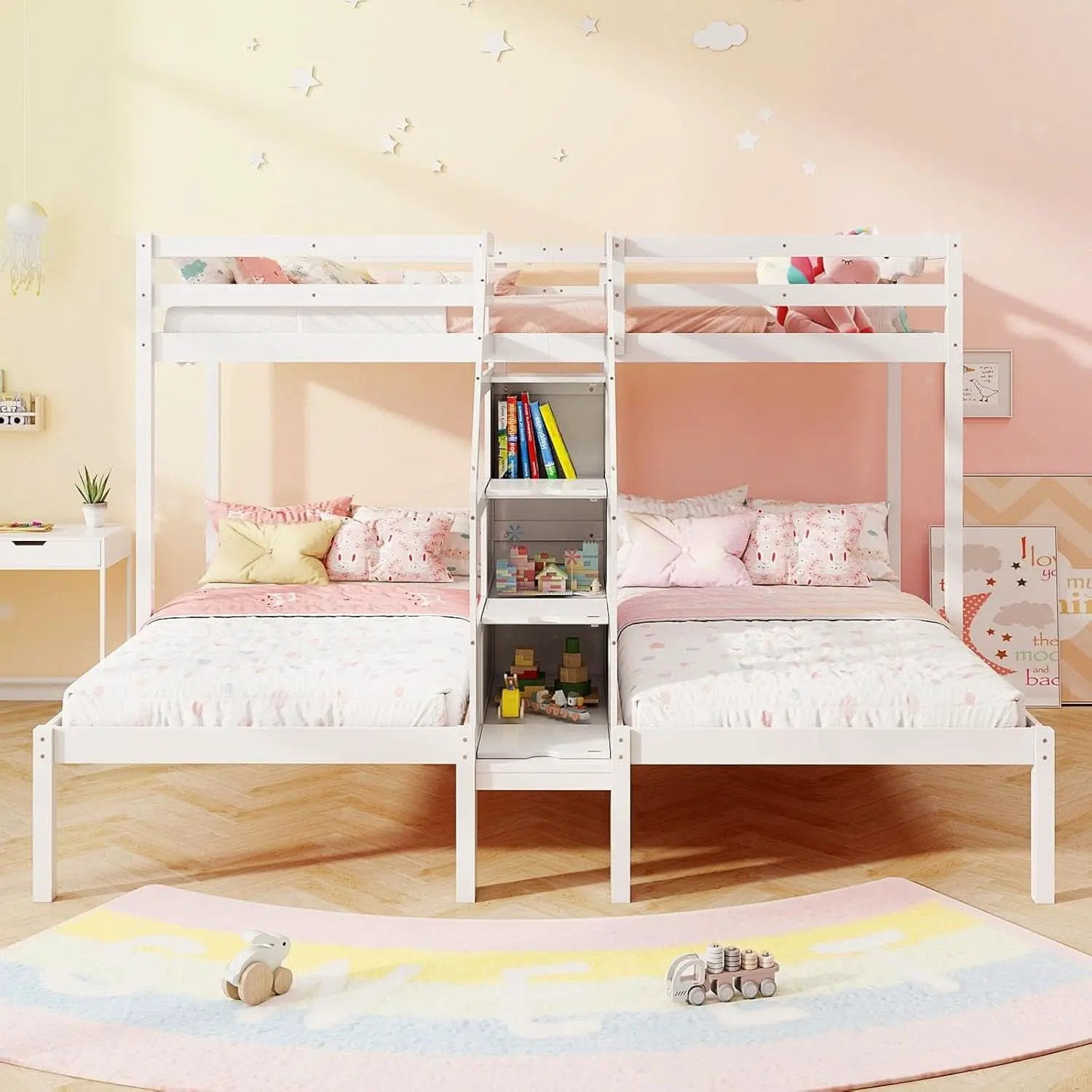 White Solid Wood Triple Bunk Bed With Storage Stair from PriceLows™