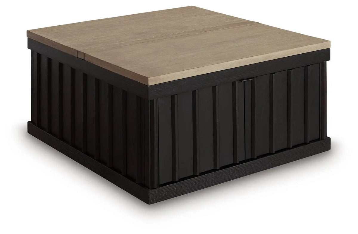 Rylandyn Lift Top Cocktail Table | Black And Light Brown | 36 Inch Square | Door Storage
