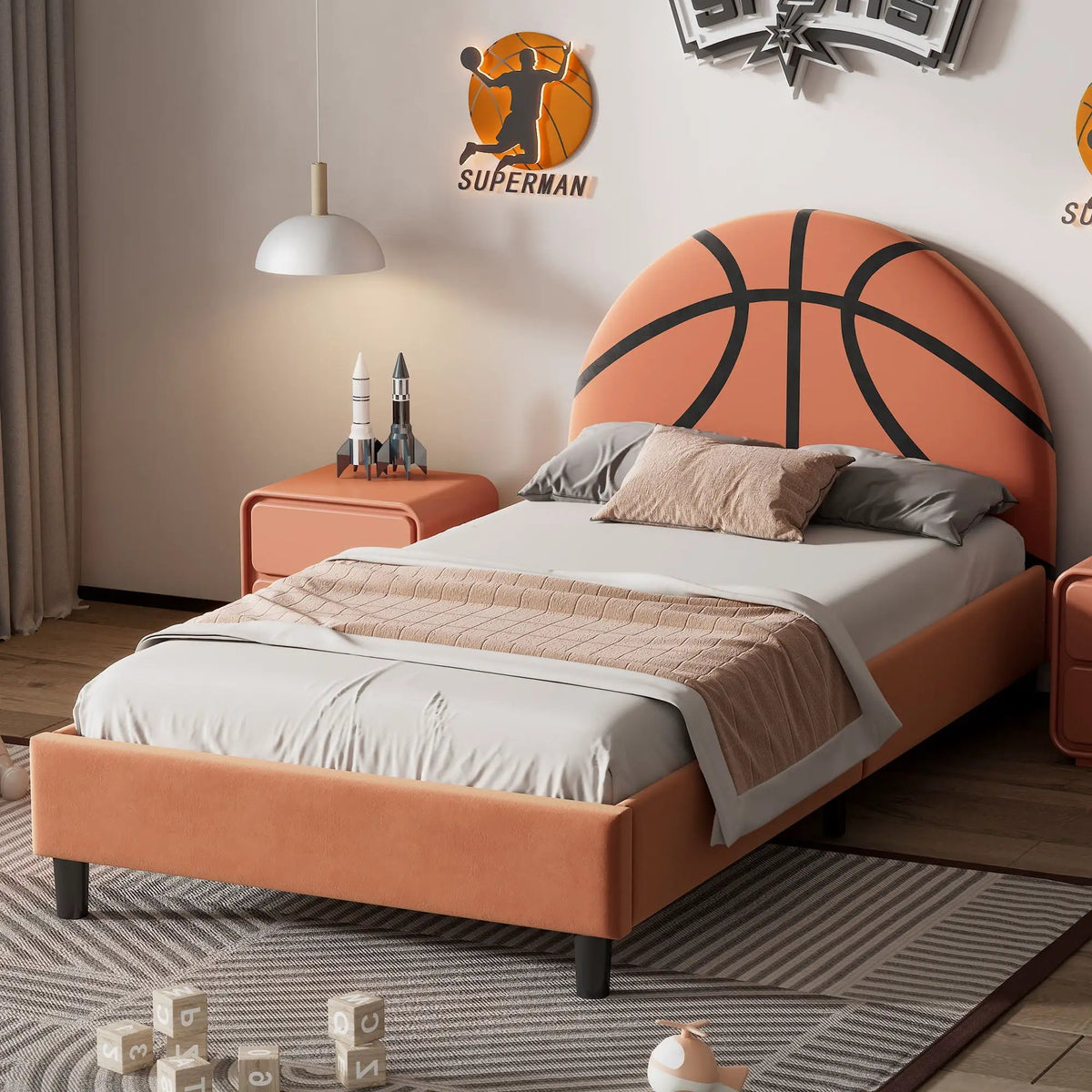 Twin Platform Bed | Basketball Headboard | Orange | Velvet Upholstery