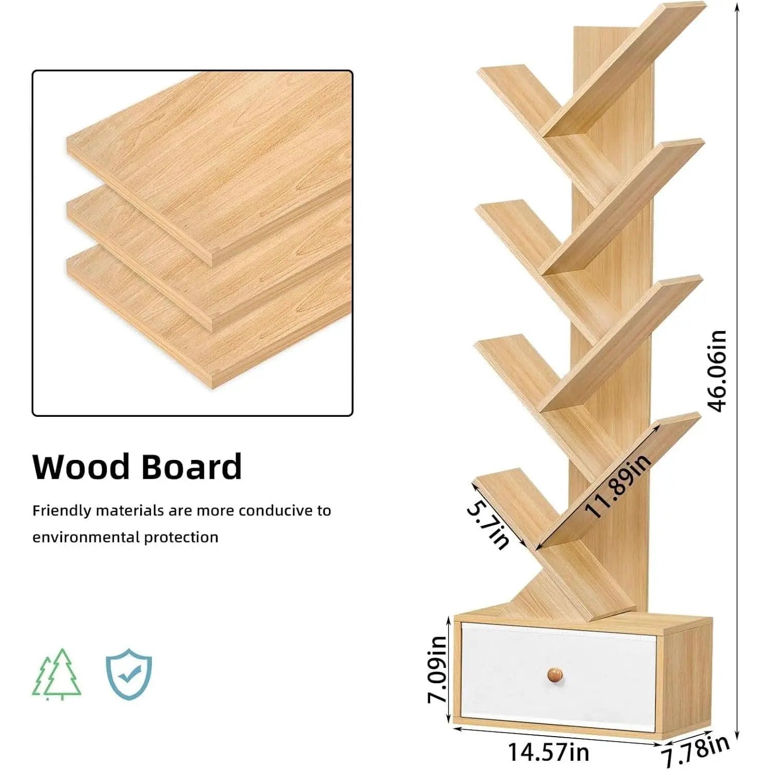 8 Tier Tree Bookshelf With Drawer Natural Wood Bookcase from PriceLows™