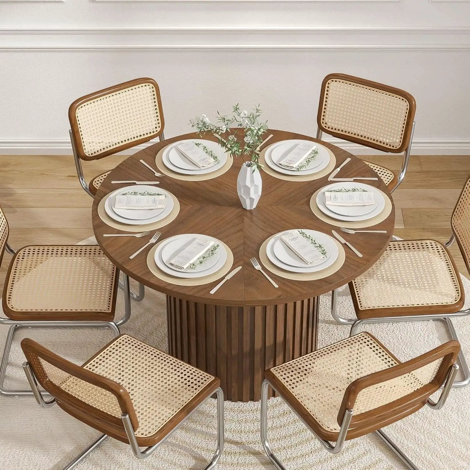Round Walnut Dining Table 47 Inch With Wood Strip Base from PriceLows™