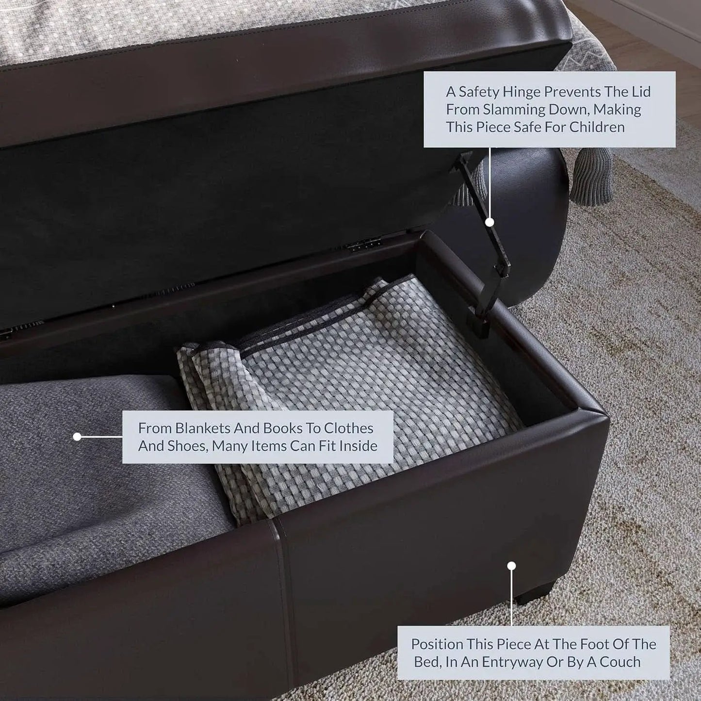 47 Inch DarkBrown Leatherette Storage Ottoman Bench from PriceLows™