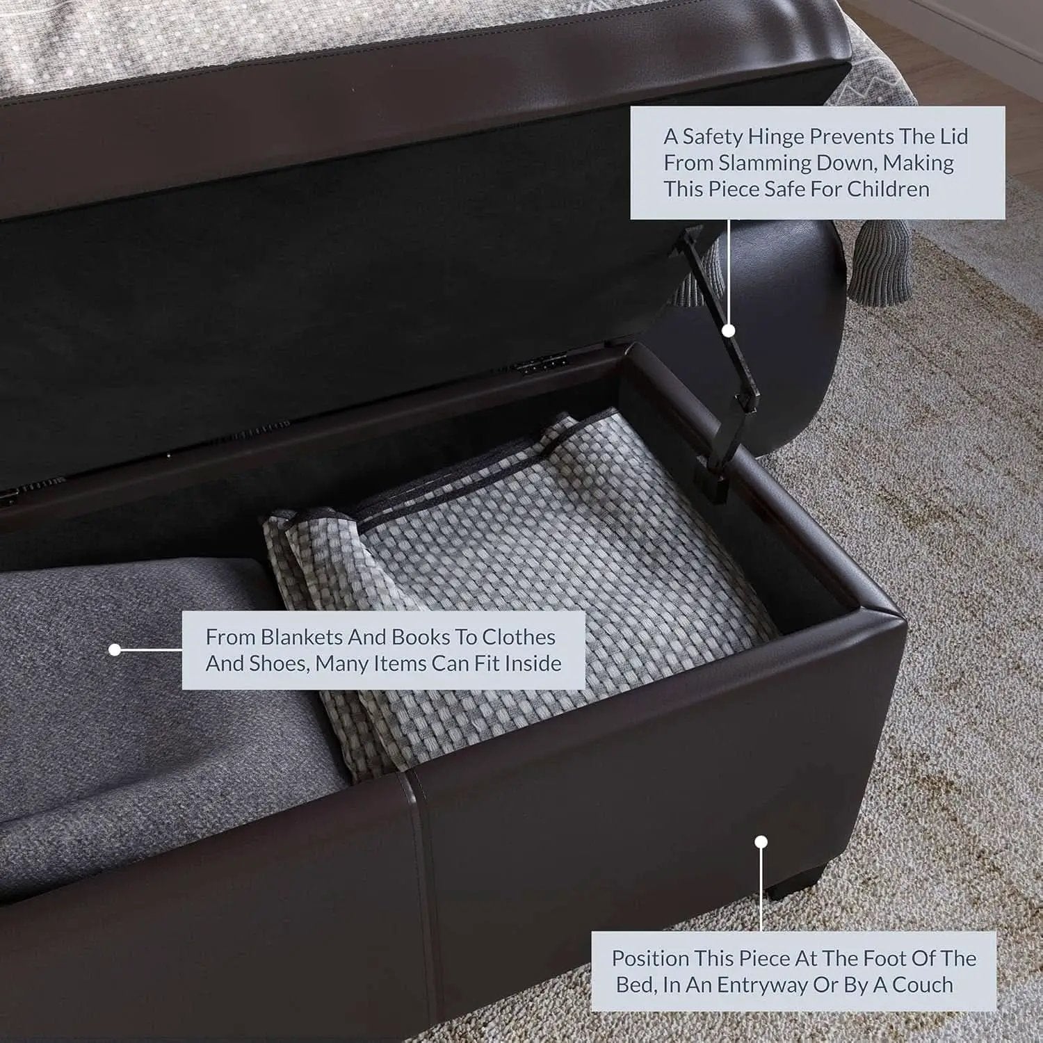 47 Inch DarkBrown Leatherette Storage Ottoman Bench from PriceLows™