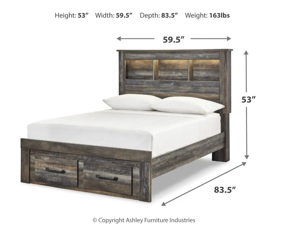 Drystan Panel Bookcase Bed | Storage Headboard | Rustic Industrial Style | 85 Inch Length