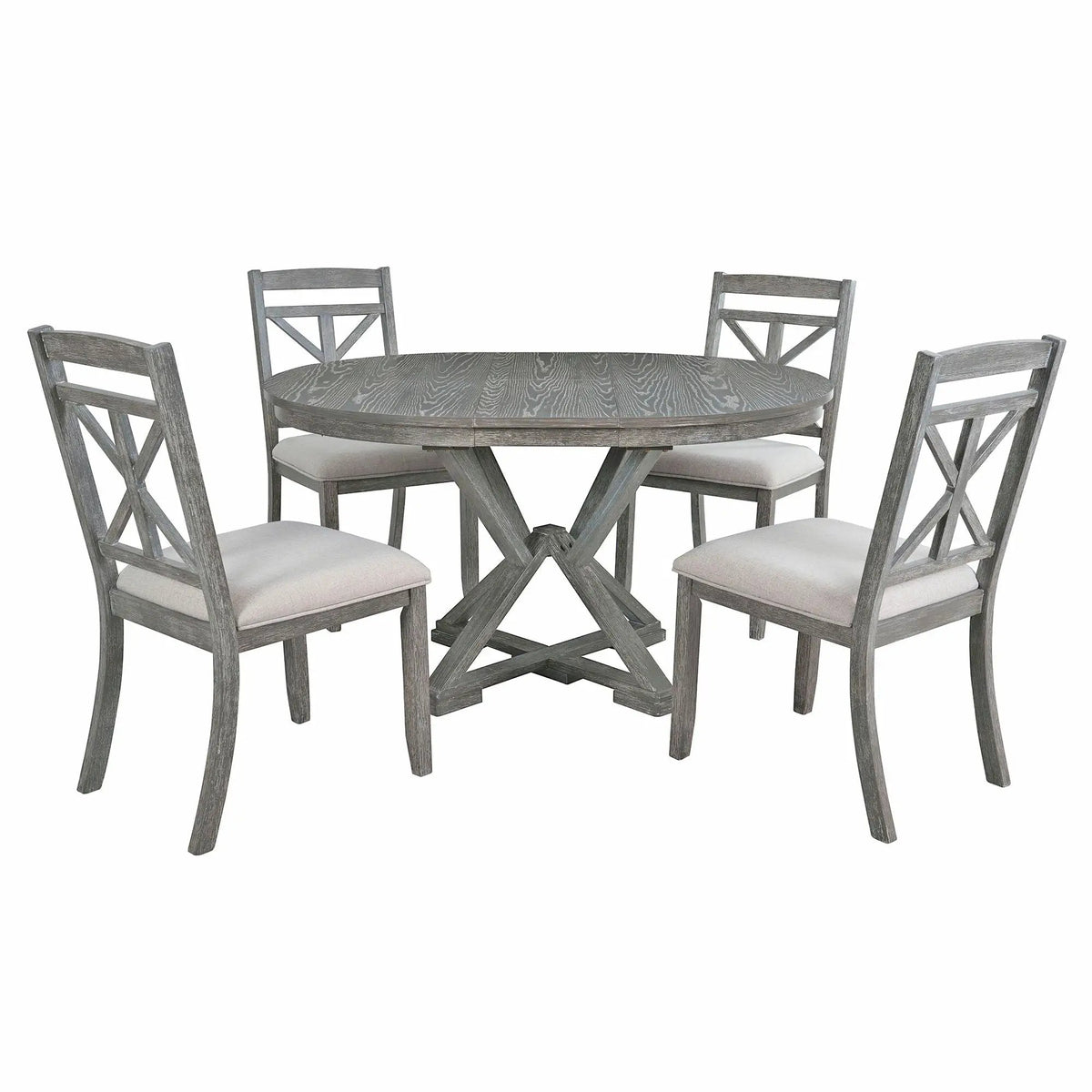 Dining Set | Extendable Round Table | 4 Upholstered Chairs | Linen