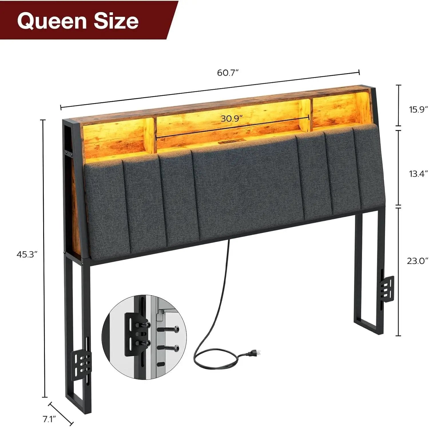Ergonomic Queen Size Headboard with LED Lights Storage from PriceLows™