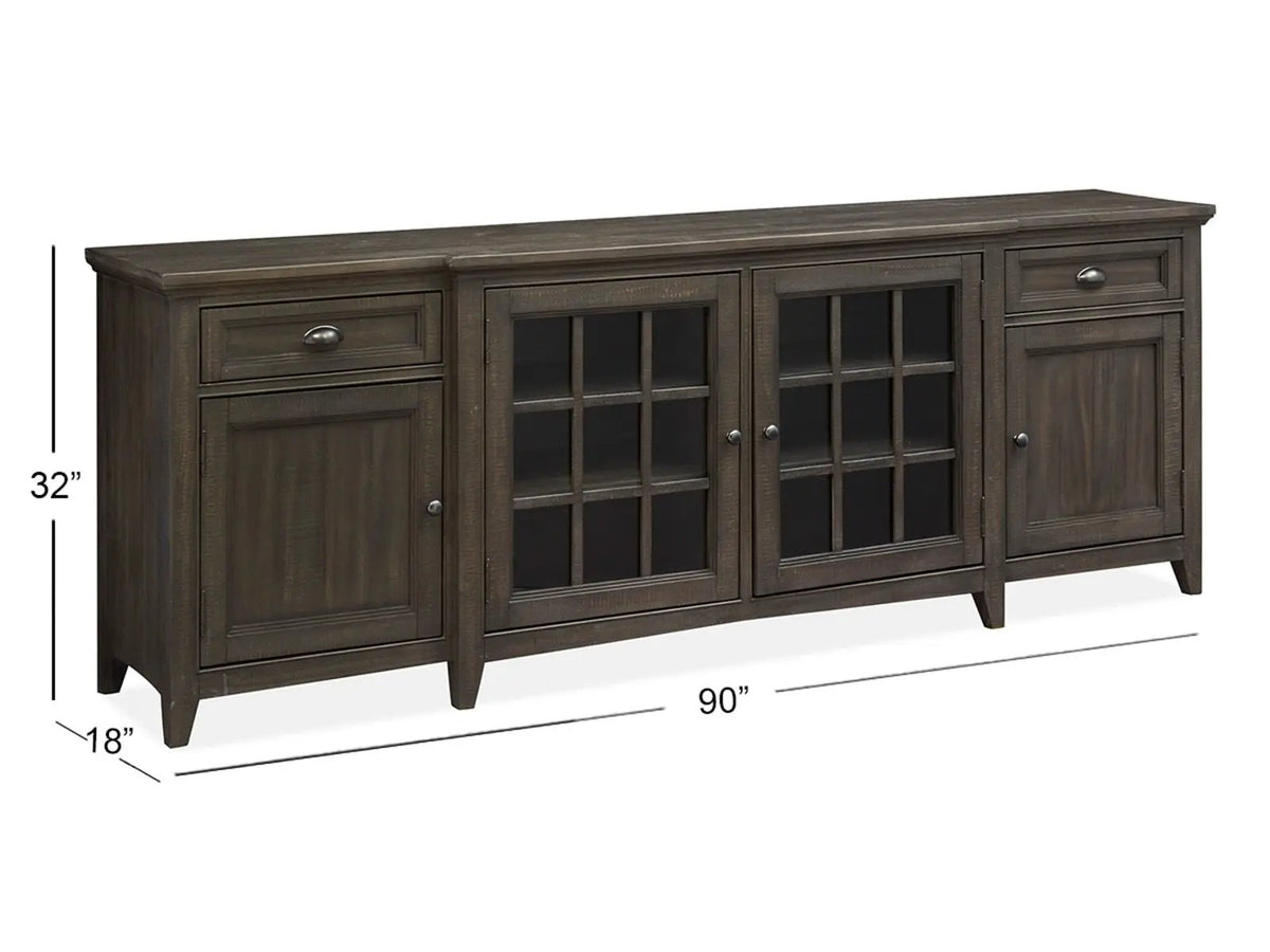 Westley Falls Entertainment Console | Wood Framed Glass Doors | Felt Lined Top Drawers | 70 Inch Width