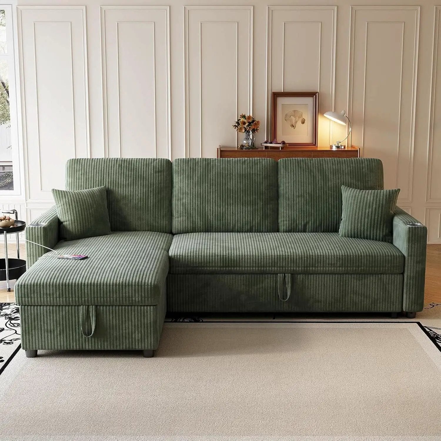 Luxurious Corduroy Green 83-Inch Sleeper Sectional Sofa from PriceLows™