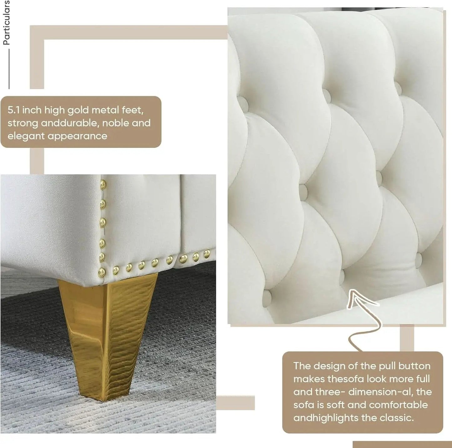 Velvet Beige 80-Inch Sofa Set With 58-Inch Loveseat And Gold Nail Heads from PriceLows™