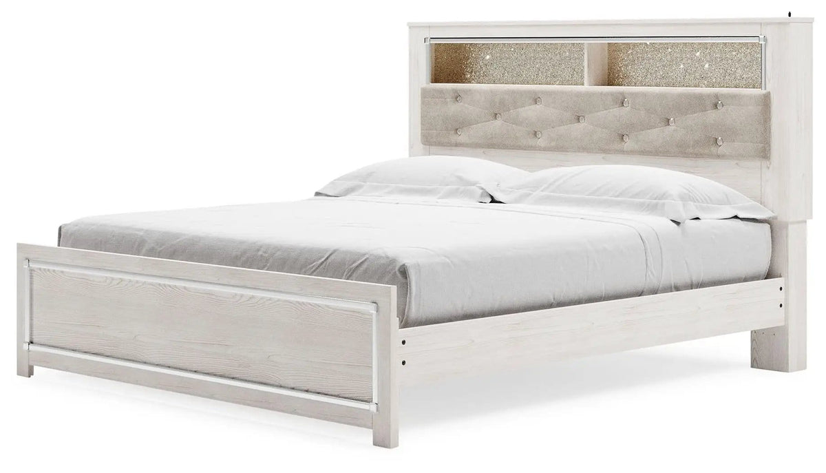Altyra King Bookcase Panel Bed | Storage Bed | Engineered Wood & Polyester | White